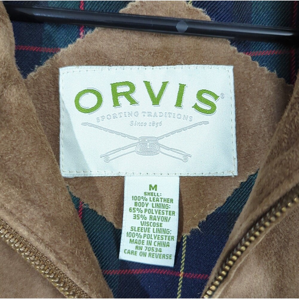 Orvis Suede Leather Bomber Jacket Men's M Brown Full Zip Plaid Lined - Picture 5 of 15